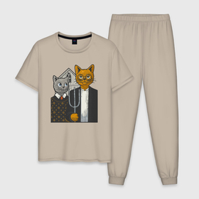 Мужская пижама хлопок с принтом Американская котика в Белгороде, 100% хлопок | брюки и футболка прямого кроя, без карманов, на брюках мягкая резинка на поясе и по низу штанин
 | 
