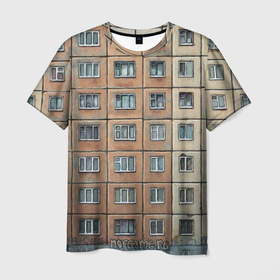 Мужская футболка 3D с принтом Хрущевка в Курске, 100% полиэфир | прямой крой, круглый вырез горловины, длина до линии бедер | Тематика изображения на принте: 