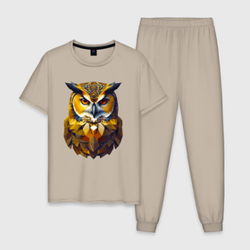Мужская пижама хлопок с принтом Золотая сова мудрости в Кировске, 100% хлопок | брюки и футболка прямого кроя, без карманов, на брюках мягкая резинка на поясе и по низу штанин
 | 