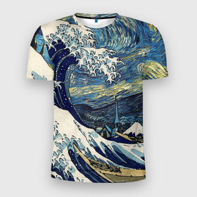 Мужская футболка 3D Slim с принтом Большая волна в Канагаве   Ван Гог в Санкт-Петербурге, 100% полиэстер с улучшенными характеристиками | приталенный силуэт, круглая горловина, широкие плечи, сужается к линии бедра | Тематика изображения на принте: 