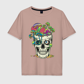 Мужская футболка хлопок Oversize с принтом Психоделический череп с грибами в Екатеринбурге, 100% хлопок | свободный крой, круглый ворот, “спинка” длиннее передней части | 