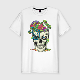 Мужская футболка хлопок Slim с принтом Психоделический череп с грибами в Екатеринбурге, 92% хлопок, 8% лайкра | приталенный силуэт, круглый вырез ворота, длина до линии бедра, короткий рукав | 