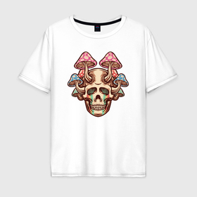 Мужская футболка хлопок Oversize с принтом Триповый череп гриб в Петрозаводске, 100% хлопок | свободный крой, круглый ворот, “спинка” длиннее передней части | Тематика изображения на принте: 