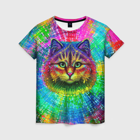 Женская футболка 3D с принтом Цветной кот в Санкт-Петербурге, 100% полиэфир ( синтетическое хлопкоподобное полотно) | прямой крой, круглый вырез горловины, длина до линии бедер | 