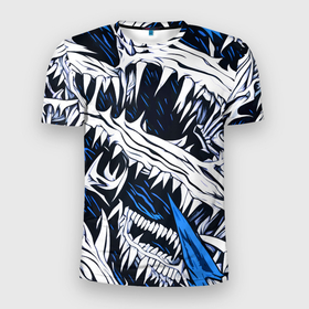 Мужская футболка 3D Slim с принтом Белые шипы и синие полосы на чёрном фоне , 100% полиэстер с улучшенными характеристиками | приталенный силуэт, круглая горловина, широкие плечи, сужается к линии бедра | 