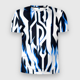 Мужская футболка 3D Slim с принтом Белые полосы и синее пламя , 100% полиэстер с улучшенными характеристиками | приталенный силуэт, круглая горловина, широкие плечи, сужается к линии бедра | 