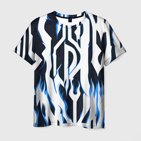 Мужская футболка 3D с принтом Белые полосы и синее пламя , 100% полиэфир | прямой крой, круглый вырез горловины, длина до линии бедер | 