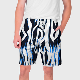 Мужские шорты 3D с принтом Белые полосы и синее пламя ,  полиэстер 100% | прямой крой, два кармана без застежек по бокам. Мягкая трикотажная резинка на поясе, внутри которой широкие завязки. Длина чуть выше колен | 