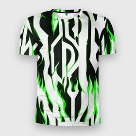 Мужская футболка 3D Slim с принтом Белые полосы и зелёное пламя в Кировске, 100% полиэстер с улучшенными характеристиками | приталенный силуэт, круглая горловина, широкие плечи, сужается к линии бедра | 