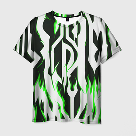 Мужская футболка 3D с принтом Белые полосы и зелёное пламя в Кировске, 100% полиэфир | прямой крой, круглый вырез горловины, длина до линии бедер | 