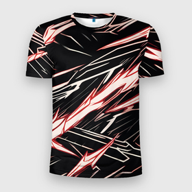 Мужская футболка 3D Slim с принтом Красные и белые полосы на чёрном фоне в Екатеринбурге, 100% полиэстер с улучшенными характеристиками | приталенный силуэт, круглая горловина, широкие плечи, сужается к линии бедра | Тематика изображения на принте: 