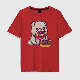 Мужская футболка хлопок Oversize с принтом Собачка ест торт в Екатеринбурге, 100% хлопок | свободный крой, круглый ворот, “спинка” длиннее передней части | 