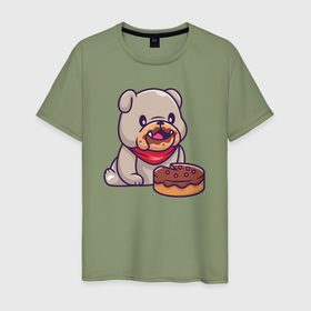 Мужская футболка хлопок с принтом Собачка ест торт в Курске, 100% хлопок | прямой крой, круглый вырез горловины, длина до линии бедер, слегка спущенное плечо. | 