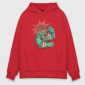 Мужское худи Oversize хлопок с принтом Орк : Чем шире наши морды тем теснее наши ряды в городе Новоалтайск, френч-терри — 70% хлопок, 30% полиэстер. Мягкий теплый начес внутри —100% хлопок | боковые карманы, эластичные манжеты и нижняя кромка, капюшон на магнитной кнопке | 