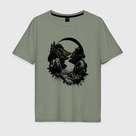 Мужская футболка хлопок Oversize с принтом Наушники и лесной пейзаж с ёлками и водопадом в Тюмени, 100% хлопок | свободный крой, круглый ворот, “спинка” длиннее передней части | 