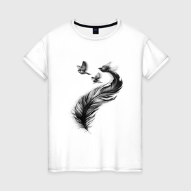 Женская футболка хлопок с принтом Большое перо и три птицы в Курске, 100% хлопок | прямой крой, круглый вырез горловины, длина до линии бедер, слегка спущенное плечо | 