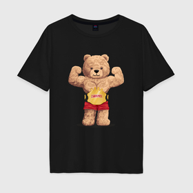 Мужская футболка хлопок Oversize с принтом Плюшевый медвежонок чемпион в Белгороде, 100% хлопок | свободный крой, круглый ворот, “спинка” длиннее передней части | Тематика изображения на принте: 