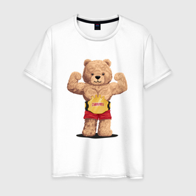Мужская футболка хлопок с принтом Плюшевый медвежонок чемпион в Белгороде, 100% хлопок | прямой крой, круглый вырез горловины, длина до линии бедер, слегка спущенное плечо. | Тематика изображения на принте: 