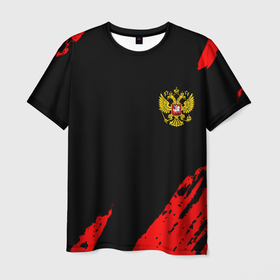Мужская футболка 3D с принтом Россия герб краски красные в Новосибирске, 100% полиэфир | прямой крой, круглый вырез горловины, длина до линии бедер | 
