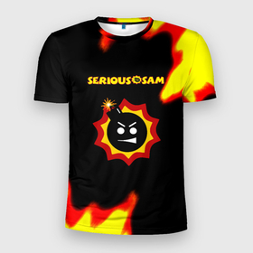 Мужская футболка 3D Slim с принтом Serious Sam лого краски с огнём в Петрозаводске, 100% полиэстер с улучшенными характеристиками | приталенный силуэт, круглая горловина, широкие плечи, сужается к линии бедра | 