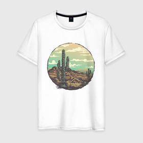 Мужская футболка хлопок с принтом Кактус в пустыне в Кировске, 100% хлопок | прямой крой, круглый вырез горловины, длина до линии бедер, слегка спущенное плечо. | 