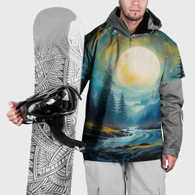 Накидка на куртку 3D с принтом Полнолуние над лесом акварелью в Курске, 100% полиэстер |  | 