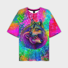 Мужская футболка oversize 3D с принтом Цветные волк с волчицей в Екатеринбурге,  |  | 
