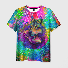 Мужская футболка 3D с принтом Цветные волк с волчицей в Тюмени, 100% полиэфир | прямой крой, круглый вырез горловины, длина до линии бедер | 