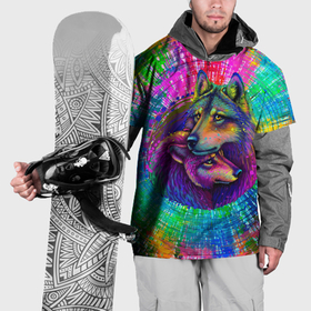 Накидка на куртку 3D с принтом Цветные волк с волчицей в Екатеринбурге, 100% полиэстер |  | 