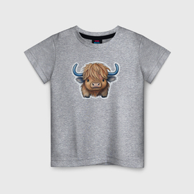 Детская футболка хлопок с принтом Шотландский волосатый бык в Екатеринбурге, 100% хлопок | круглый вырез горловины, полуприлегающий силуэт, длина до линии бедер | Тематика изображения на принте: 