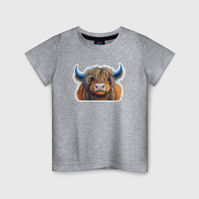 Детская футболка хлопок с принтом Шотландский волосатый бык в Екатеринбурге, 100% хлопок | круглый вырез горловины, полуприлегающий силуэт, длина до линии бедер | Тематика изображения на принте: 