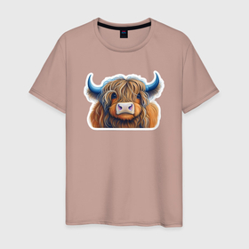 Мужская футболка хлопок с принтом Шотландский волосатый бык в Кировске, 100% хлопок | прямой крой, круглый вырез горловины, длина до линии бедер, слегка спущенное плечо. | 