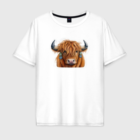 Мужская футболка хлопок Oversize с принтом Шотландский волосатый бык в Кировске, 100% хлопок | свободный крой, круглый ворот, “спинка” длиннее передней части | 