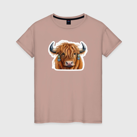 Женская футболка хлопок с принтом Шотландский волосатый бык в Кировске, 100% хлопок | прямой крой, круглый вырез горловины, длина до линии бедер, слегка спущенное плечо | 