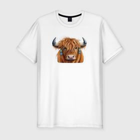 Мужская футболка хлопок Slim с принтом Шотландский волосатый бык в Санкт-Петербурге, 92% хлопок, 8% лайкра | приталенный силуэт, круглый вырез ворота, длина до линии бедра, короткий рукав | 