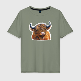 Мужская футболка хлопок Oversize с принтом Шотландский волосатый бык в Кировске, 100% хлопок | свободный крой, круглый ворот, “спинка” длиннее передней части | 