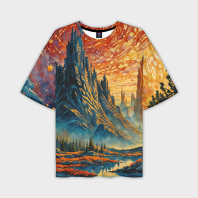 Мужская футболка oversize 3D с принтом Замок на горе в лучах заката ,  |  | Тематика изображения на принте: 