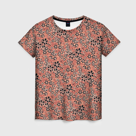 Женская футболка 3D с принтом Цветочный паттерн тёмно персиковый в Новосибирске, 100% полиэфир ( синтетическое хлопкоподобное полотно) | прямой крой, круглый вырез горловины, длина до линии бедер | 