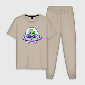 Мужская пижама хлопок с принтом Green alien в Тюмени, 100% хлопок | брюки и футболка прямого кроя, без карманов, на брюках мягкая резинка на поясе и по низу штанин
 | 