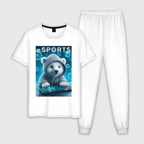 Мужская пижама хлопок с принтом Белый медвежонок   киберспорт в Петрозаводске, 100% хлопок | брюки и футболка прямого кроя, без карманов, на брюках мягкая резинка на поясе и по низу штанин
 | 