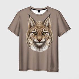 Мужская футболка 3D с принтом Рысь лесная дикая кошка , 100% полиэфир | прямой крой, круглый вырез горловины, длина до линии бедер | 