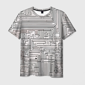 Мужская футболка 3D с принтом Лабиринт чб в Тюмени, 100% полиэфир | прямой крой, круглый вырез горловины, длина до линии бедер | 