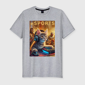 Мужская футболка хлопок Slim с принтом Прикольный котёнок   киберспорт в Курске, 92% хлопок, 8% лайкра | приталенный силуэт, круглый вырез ворота, длина до линии бедра, короткий рукав | 