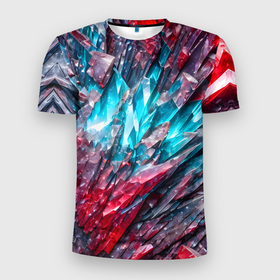 Мужская футболка 3D Slim с принтом Синие и красные драгоценные кристаллы в Екатеринбурге, 100% полиэстер с улучшенными характеристиками | приталенный силуэт, круглая горловина, широкие плечи, сужается к линии бедра | 