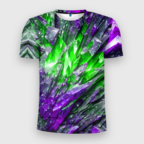 Мужская футболка 3D Slim с принтом Фиолетовые и зелёные драгоценные кристаллы в Санкт-Петербурге, 100% полиэстер с улучшенными характеристиками | приталенный силуэт, круглая горловина, широкие плечи, сужается к линии бедра | 