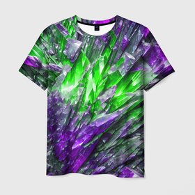 Мужская футболка 3D с принтом Фиолетовые и зелёные драгоценные кристаллы в Санкт-Петербурге, 100% полиэфир | прямой крой, круглый вырез горловины, длина до линии бедер | 