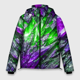 Мужская зимняя куртка 3D с принтом Фиолетовые и зелёные драгоценные кристаллы в Новосибирске, верх — 100% полиэстер; подкладка — 100% полиэстер; утеплитель — 100% полиэстер | длина ниже бедра, свободный силуэт Оверсайз. Есть воротник-стойка, отстегивающийся капюшон и ветрозащитная планка. 

Боковые карманы с листочкой на кнопках и внутренний карман на молнии. | Тематика изображения на принте: 