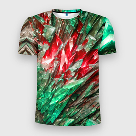 Мужская футболка 3D Slim с принтом Красные и зелёные драгоценные кристаллы в Новосибирске, 100% полиэстер с улучшенными характеристиками | приталенный силуэт, круглая горловина, широкие плечи, сужается к линии бедра | Тематика изображения на принте: 