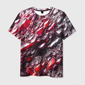 Мужская футболка 3D с принтом Красные драгоценные кристаллы , 100% полиэфир | прямой крой, круглый вырез горловины, длина до линии бедер | 