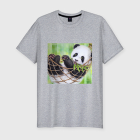 Мужская футболка хлопок Slim с принтом Панда медвед в Курске, 92% хлопок, 8% лайкра | приталенный силуэт, круглый вырез ворота, длина до линии бедра, короткий рукав | 